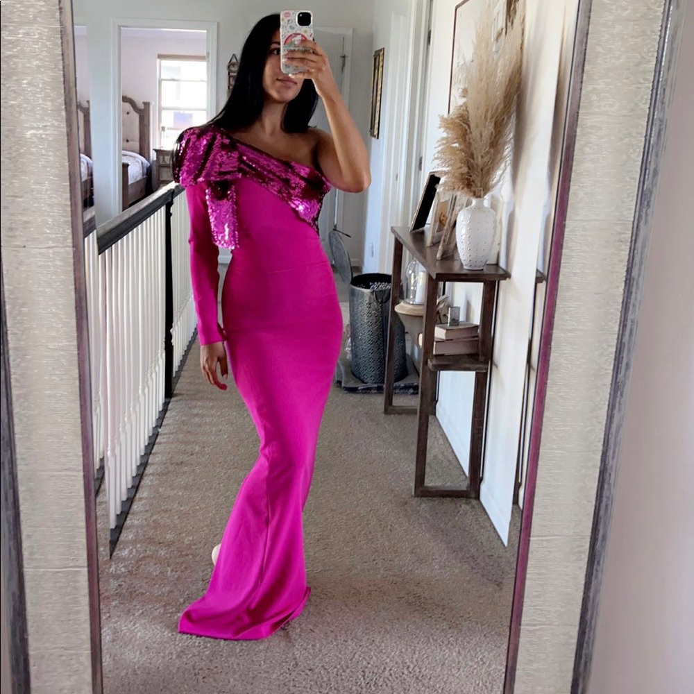 Sachin and Babi One Shoulder Pink Gown